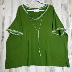 Veranesi Women's 4X Shirt Top Green crochet trims and beaded tassel‎